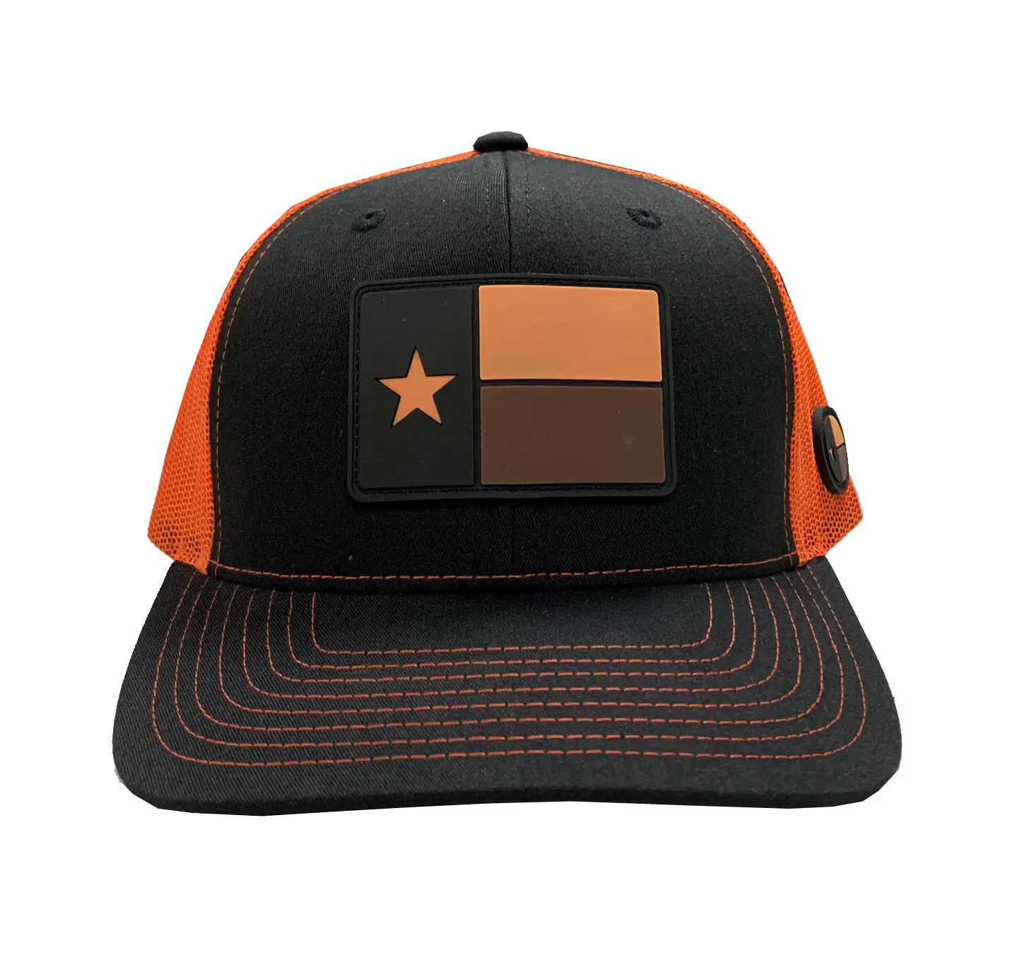 6-Panel Curved Brim High Quality Black/Orange Color Medium Profile Cotton and Mesh Fabric Trucker Hat in Vietnam Factory 1
