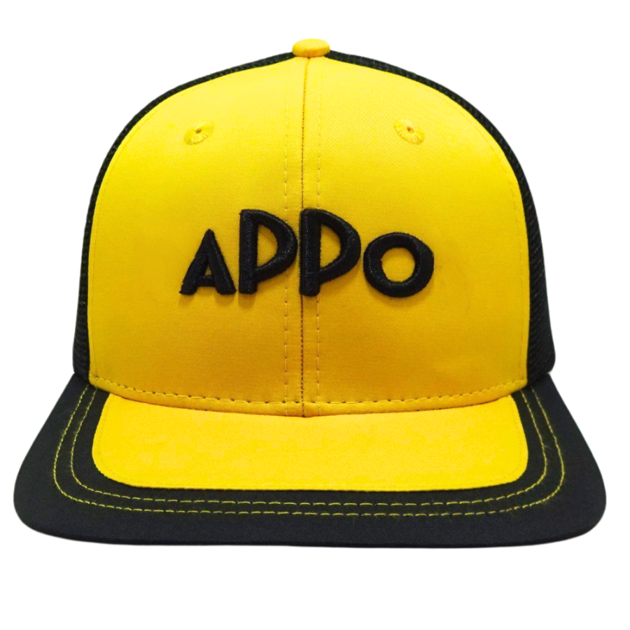 6 Panel Custom Trucker Hat 3D Emdroidered Logo Flat Brim Black and Yellow Contrast Stitching Mesh Plastic Single Breasted Buckle 3
