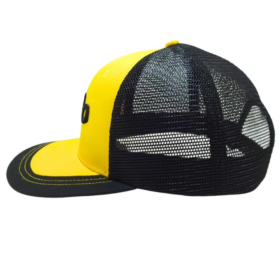 6 Panel Custom Trucker Hat 3D Emdroidered Logo Flat Brim Black and Yellow Contrast Stitching Mesh Plastic Single Breasted Buckle 4