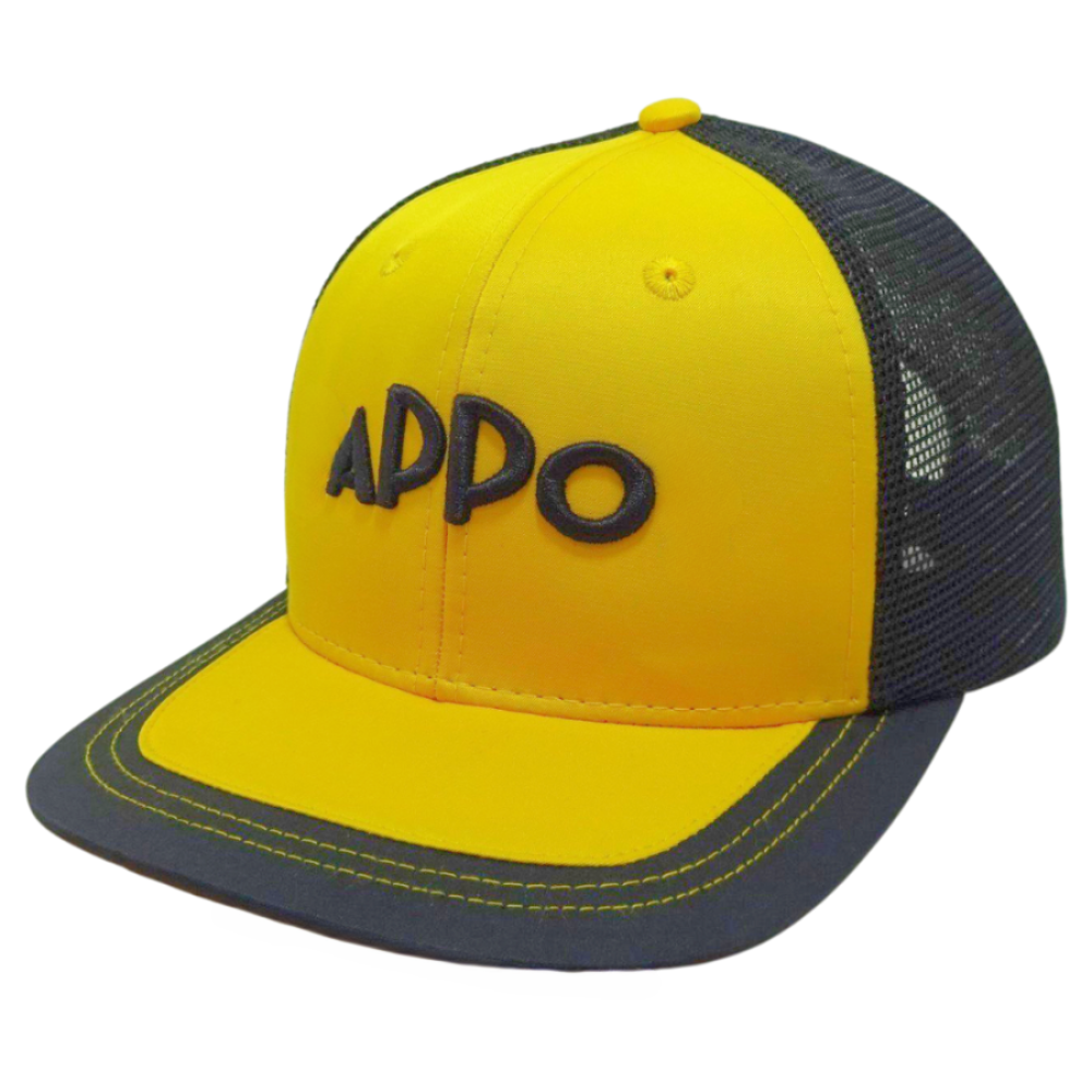 6 Panel Custom Trucker Hat 3D Emdroidered Logo Flat Brim Black and Yellow Contrast Stitching Mesh Plastic Single Breasted Buckle 2