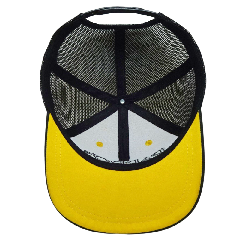 6 Panel Custom Trucker Hat 3D Emdroidered Logo Flat Brim Black and Yellow Contrast Stitching Mesh Plastic Single Breasted Buckle 6