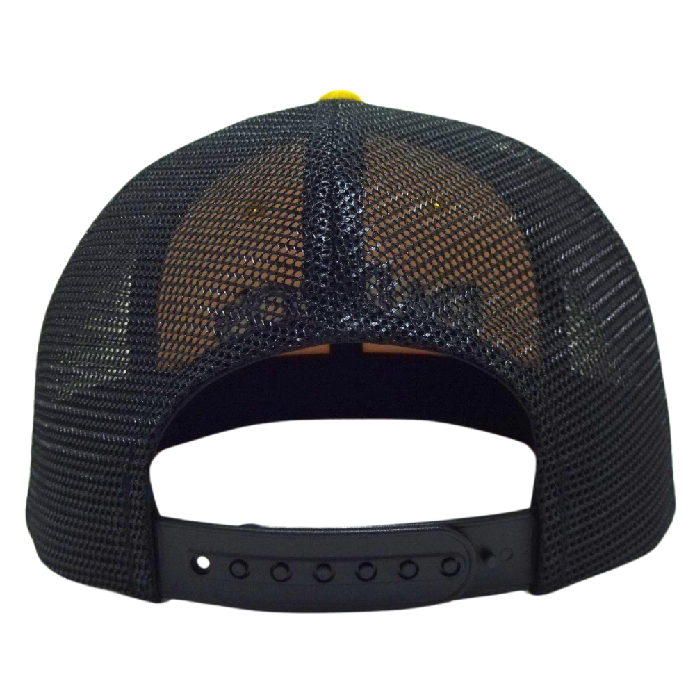 6 Panel Custom Trucker Hat 3D Emdroidered Logo Flat Brim Black and Yellow Contrast Stitching Mesh Plastic Single Breasted Buckle 7