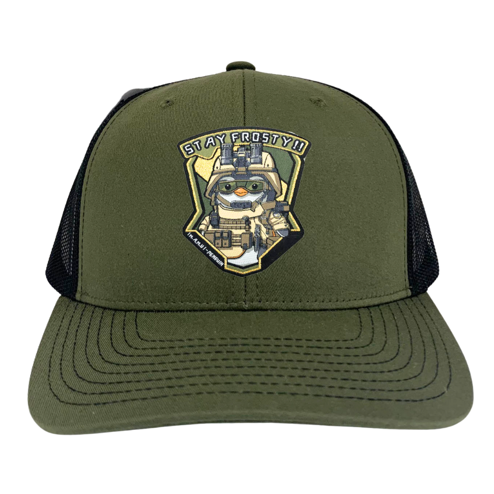 6 Panel Trucker Hat Loden Green/Black Penguin Woven Patches Breathable Mesh Adjustable Single Row Buckle High Quality Wholesale 2