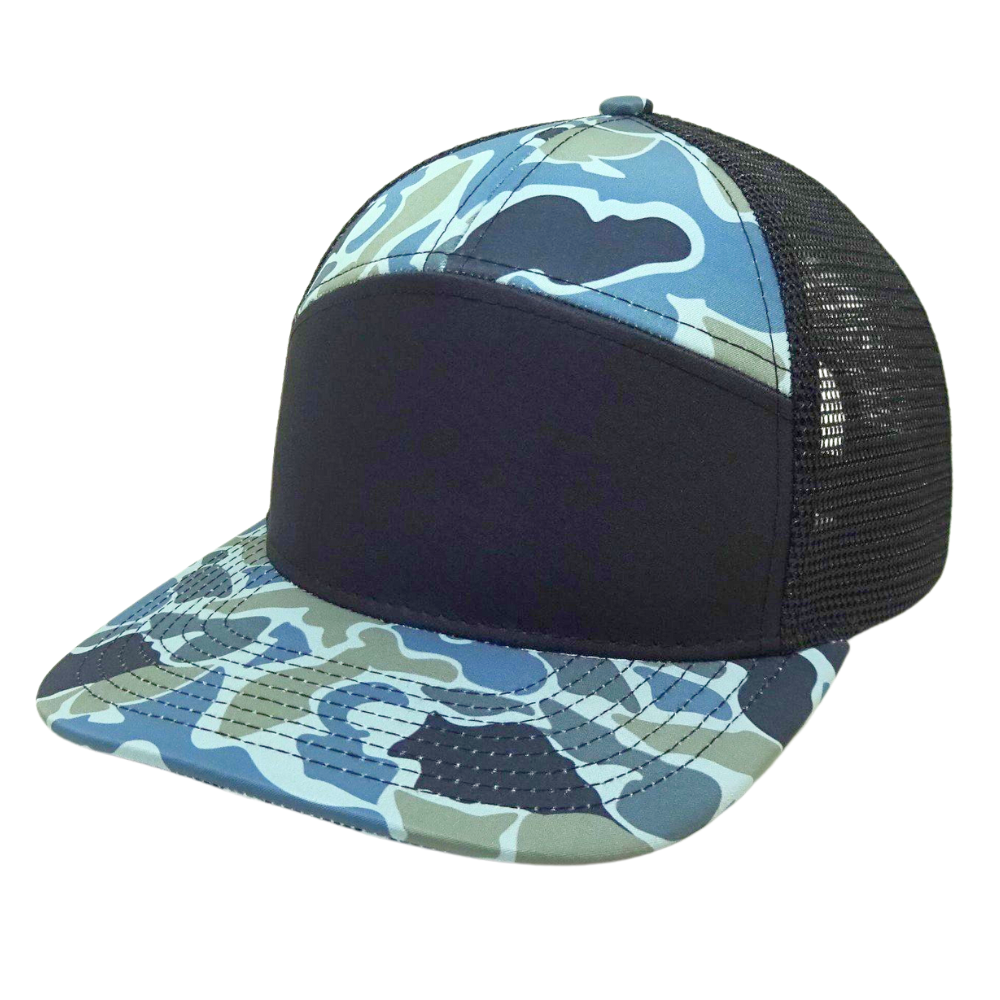7 Panel Blue Black Camouflage Trucker Hat Black Mesh Breathable Adjustable Flat Brim Snapback Single Breasted Buckle Unisex OEM 3
