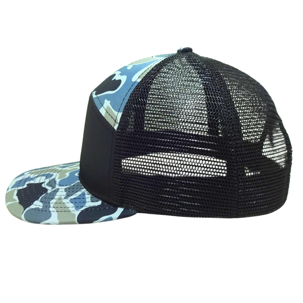 7 Panel Camouflage Trucker Hat Gorras Leather Patch Black Mesh Breathable Adjustable Flat Brim Single Row Buckle Snapback Buckle 3