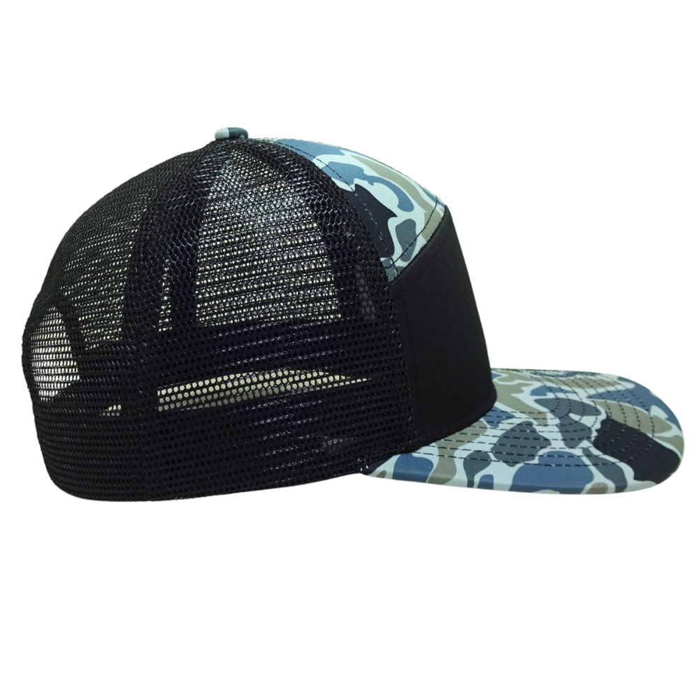 7 Panel Camouflage Trucker Hat Gorras Leather Patch Black Mesh Breathable Adjustable Flat Brim Single Row Buckle Snapback Buckle 4