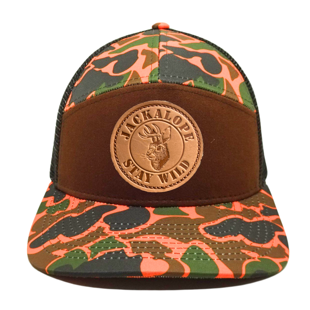 7 Panel Camouflage Trucker Hat Gorras Leather Patch Black Mesh Breathable Flat Brim Single Row Buckle Buckle Adjustable Snapback 2