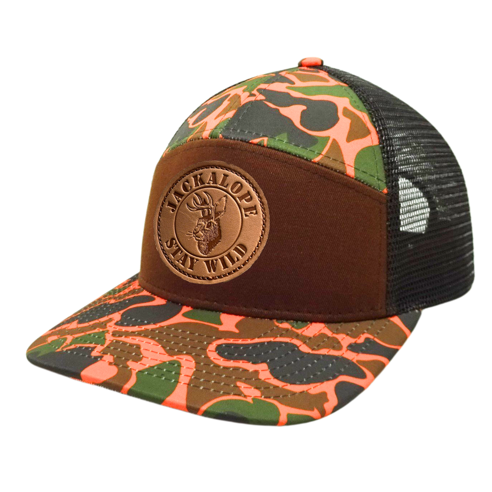 7 Panel Camouflage Trucker Hat Gorras Leather Patch Black Mesh Breathable Flat Brim Single Row Buckle Buckle Adjustable Snapback 3