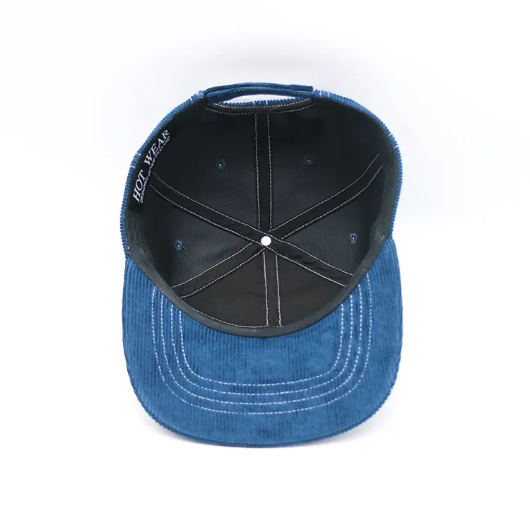 7-Panel Flat Brim Snapback Hats 100% Corduroy Fabric Magic Tape Caps High Quality Blue Color Medium Profile Snapback Hat 4
