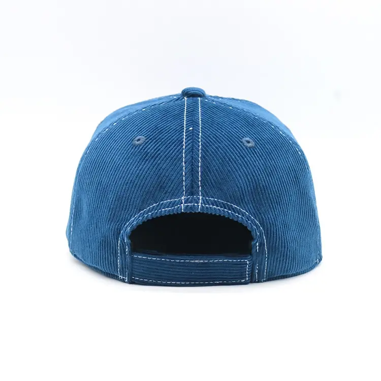 7-Panel Flat Brim Snapback Hats 100% Corduroy Fabric Magic Tape Caps High Quality Blue Color Medium Profile Snapback Hat 3