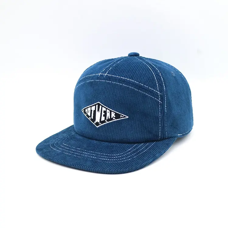7-Panel Flat Brim Snapback Hats 100% Corduroy Fabric Magic Tape Caps High Quality Blue Color Medium Profile Snapback Hat 2