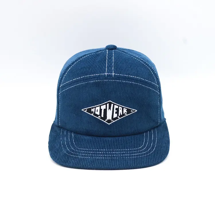 7-Panel Flat Brim Snapback Hats 100% Corduroy Fabric Magic Tape Caps High Quality Blue Color Medium Profile Snapback Hat 1