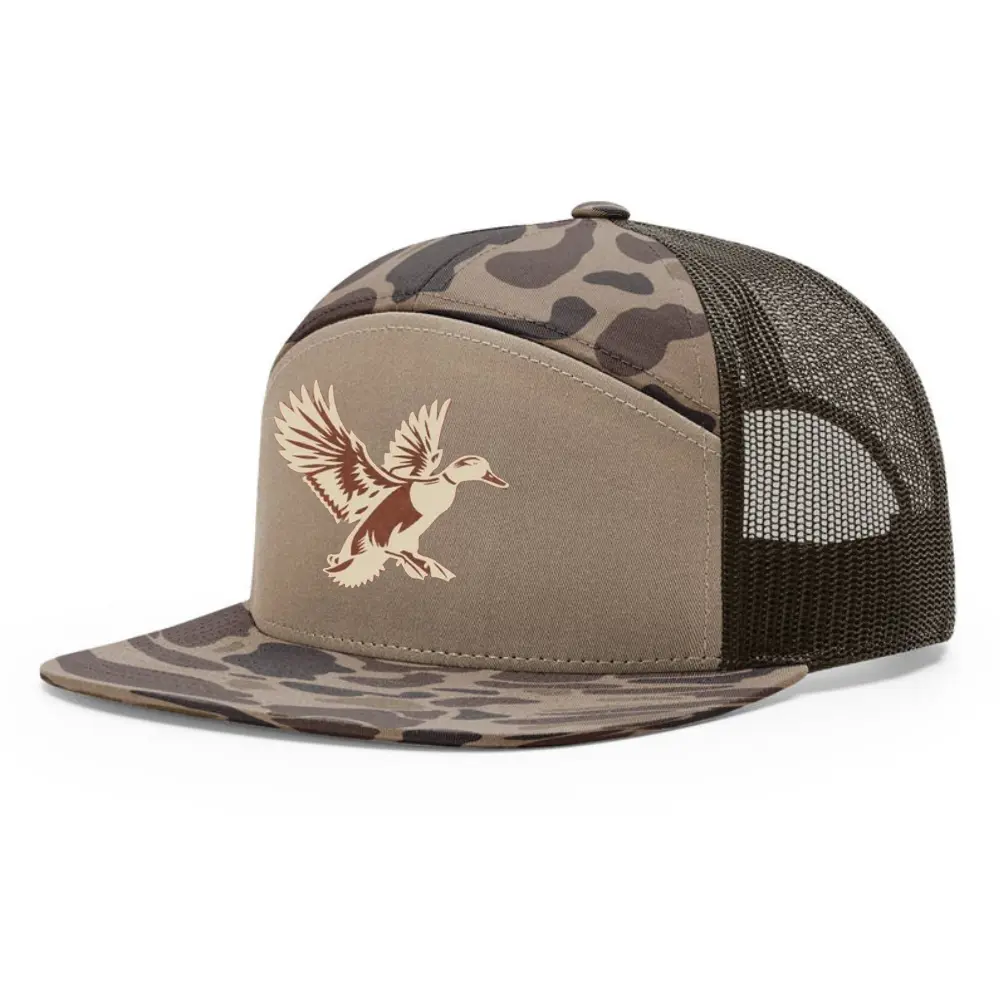 7 Panel Trucker Hat Camouflage R 168 Digital Print Snapback Flat Brim Structured Brown Mesh Adjustable Single Row Buckle Closure 3