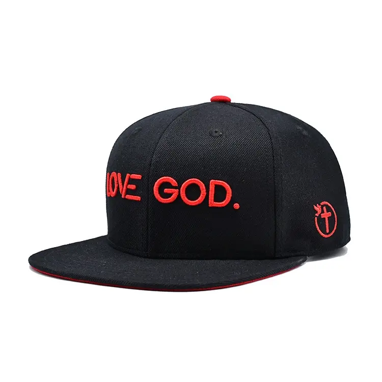 Adjustable 6-Panel Flat Brim High Quality Black Color Medium Profile 65% Cotton and 35% Polyester Fabric Snapback Caps