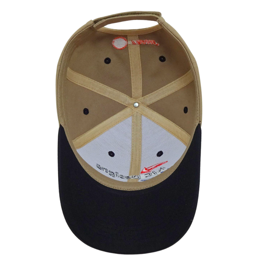 Baseball Cap 6 Panel Flat Embroidery Eyelet Black Brim Brown Front and White Mesh Your Country on Left Side for Your Company OEM 6