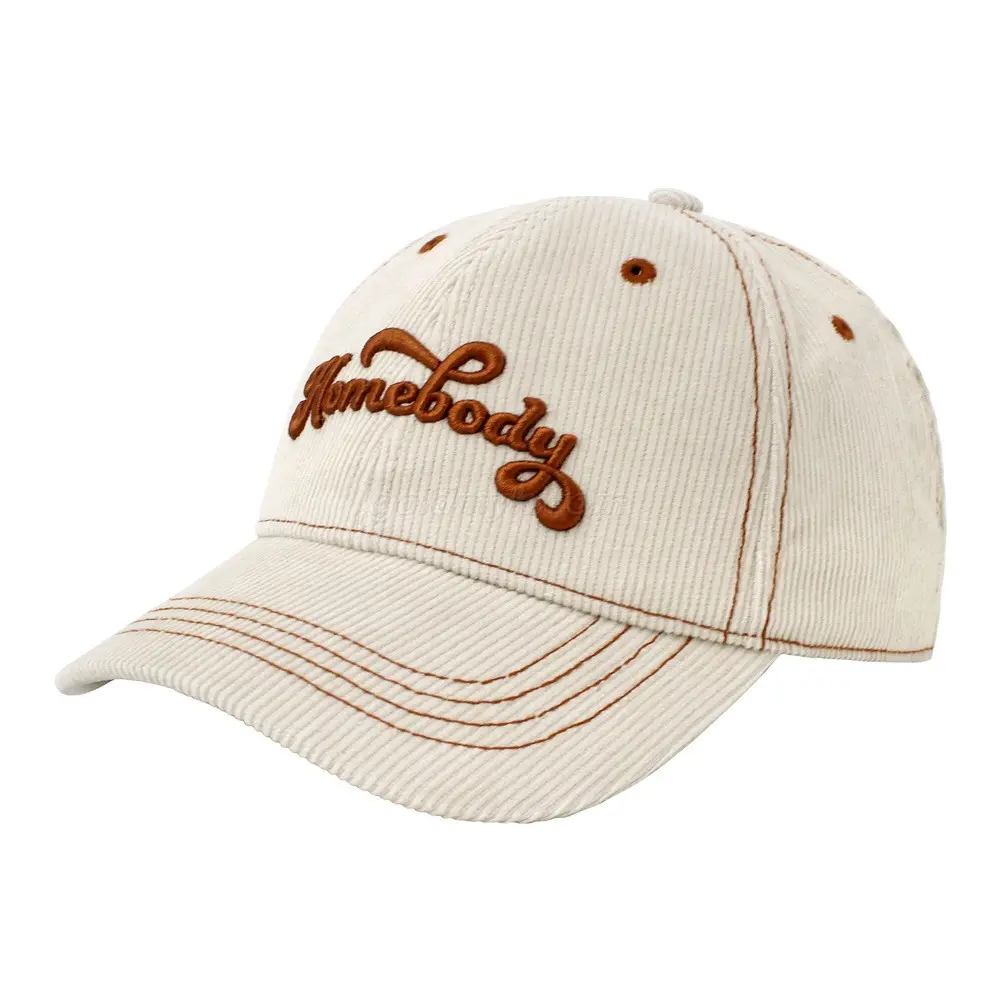 Beige Color Baseball Caps Custom Embroidery Logo Corduroy Hat 6-Panel Curved Brim High Quality Low Profile Baseball Cap