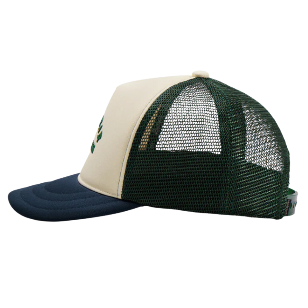 Beige Green 5 Panel Foam Trucker Hat Custom Logo on Front and Right Side Adjustable Single Breasted Buckle Fashion for Men Women 4