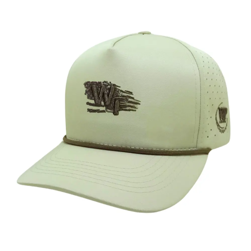 Beige Laser Cut Hole Perforated Waterproof Trucker Hats 5 Panel With Rope Structured 3D Embroidered Front Left Snapback Closure 3