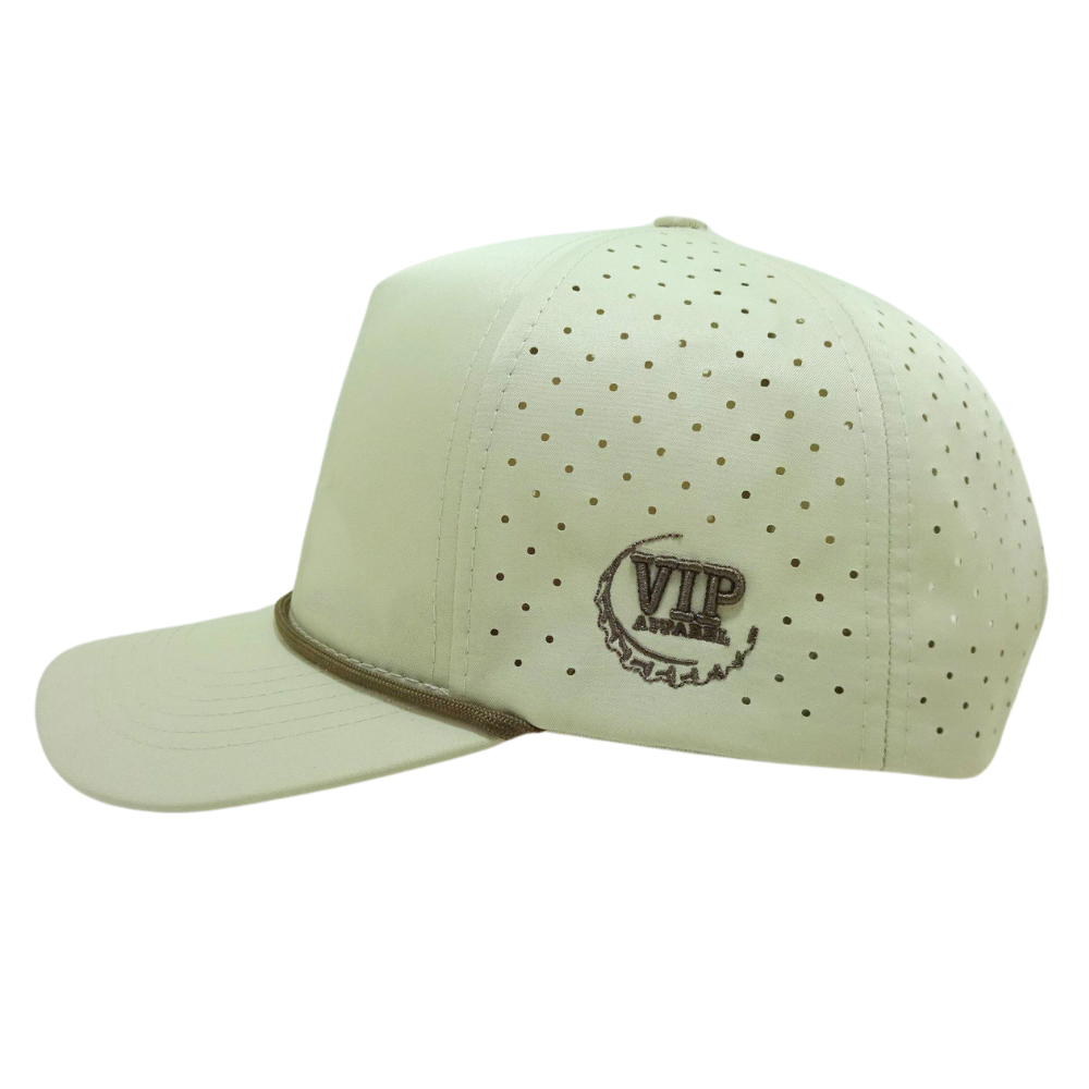 Beige Laser Cut Hole Perforated Waterproof Trucker Hats 5 Panel With Rope Structured 3D Embroidered Front Left Snapback Closure 4