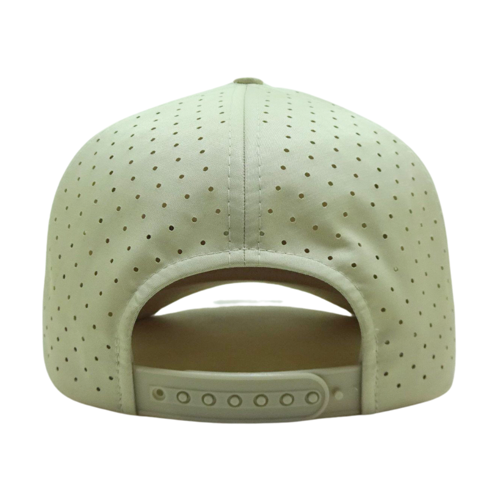Beige Laser Cut Hole Perforated Waterproof Trucker Hats 5 Panel With Rope Structured 3D Embroidered Front Left Snapback Closure 7