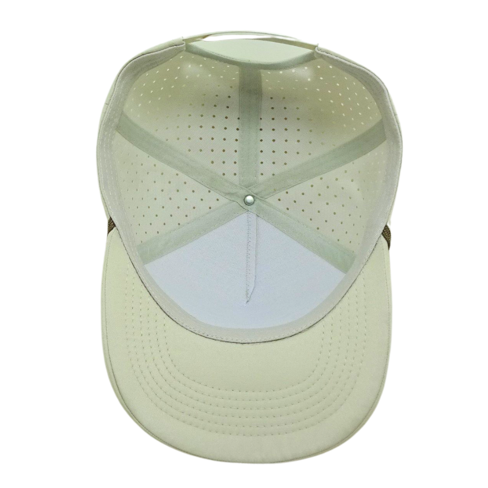 Beige Laser Cut Hole Perforated Waterproof Trucker Hats 5 Panel With Rope Structured 3D Embroidered Front Left Snapback Closure 6