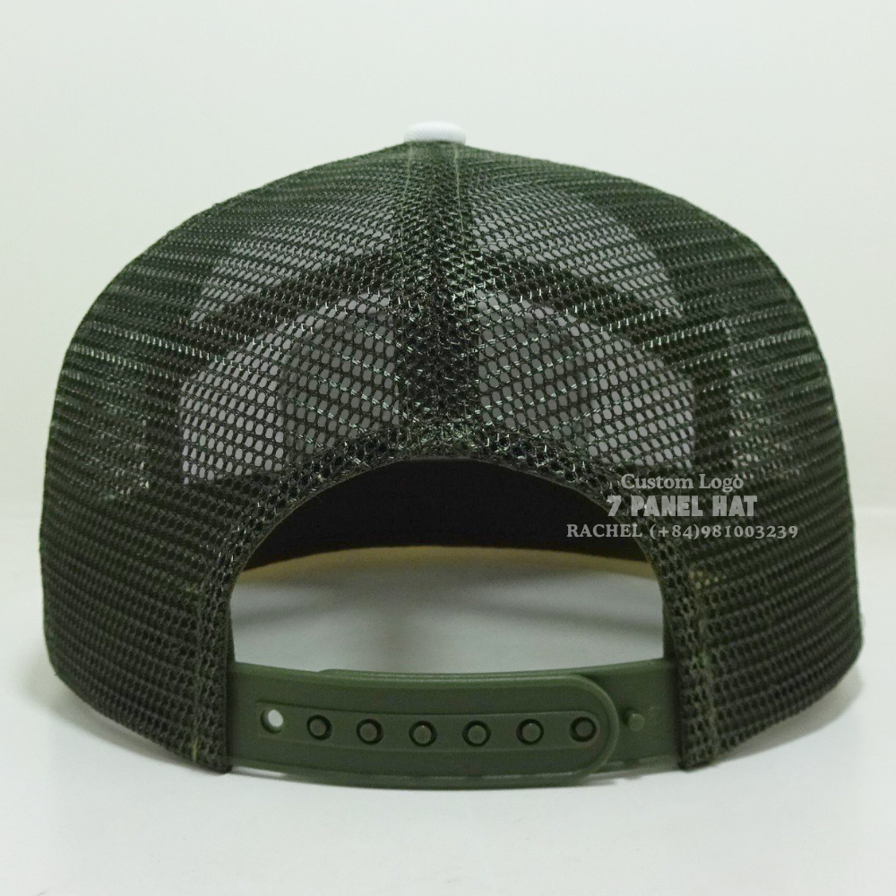 Best seller 7 Panel Trucker Hats Embroidered/Woven Patch Flat Brim White/Black Mesh Snapback Closure For Hiking Vietnam Headwear 7