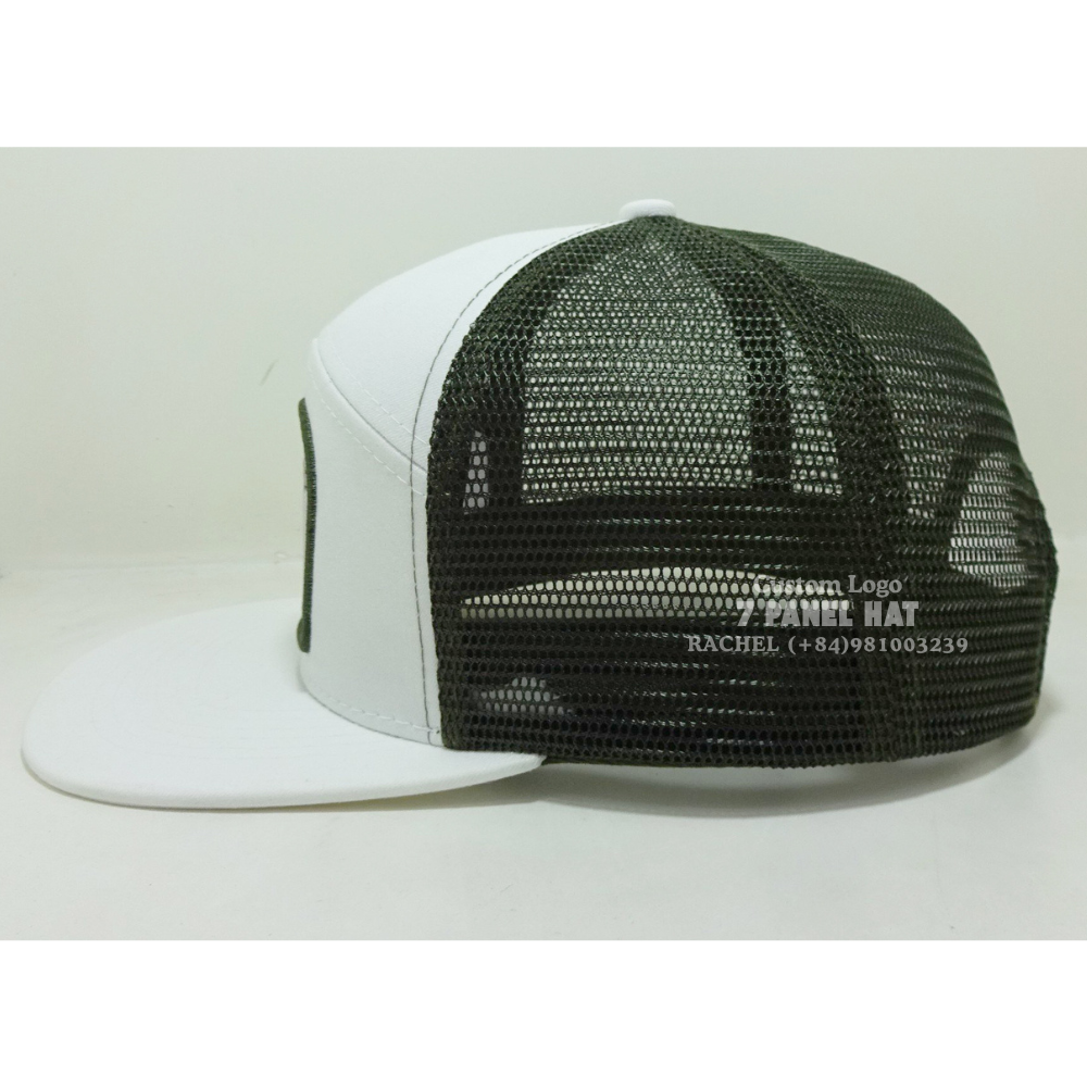 Best seller 7 Panel Trucker Hats Embroidered/Woven Patch Flat Brim White/Black Mesh Snapback Closure For Hiking Vietnam Headwear 4