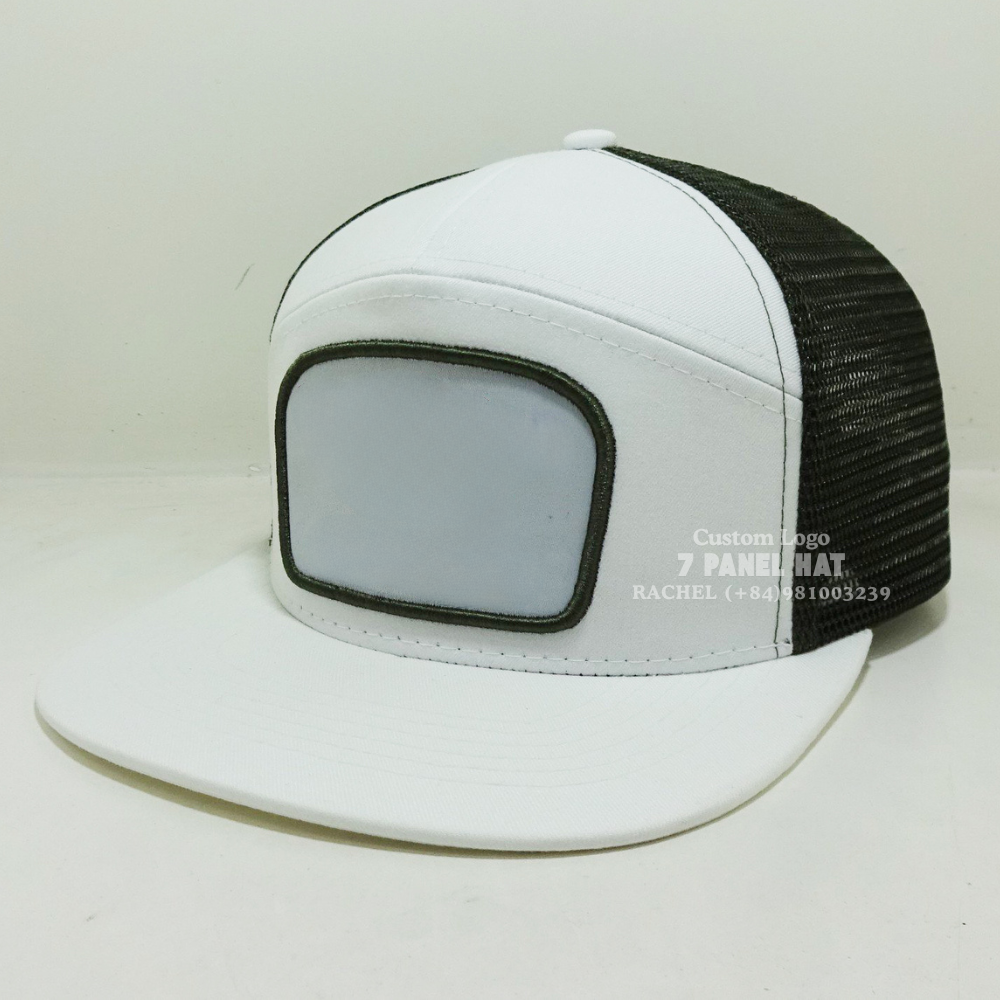 Best seller 7 Panel Trucker Hats Embroidered/Woven Patch Flat Brim White/Black Mesh Snapback Closure For Hiking Vietnam Headwear 3