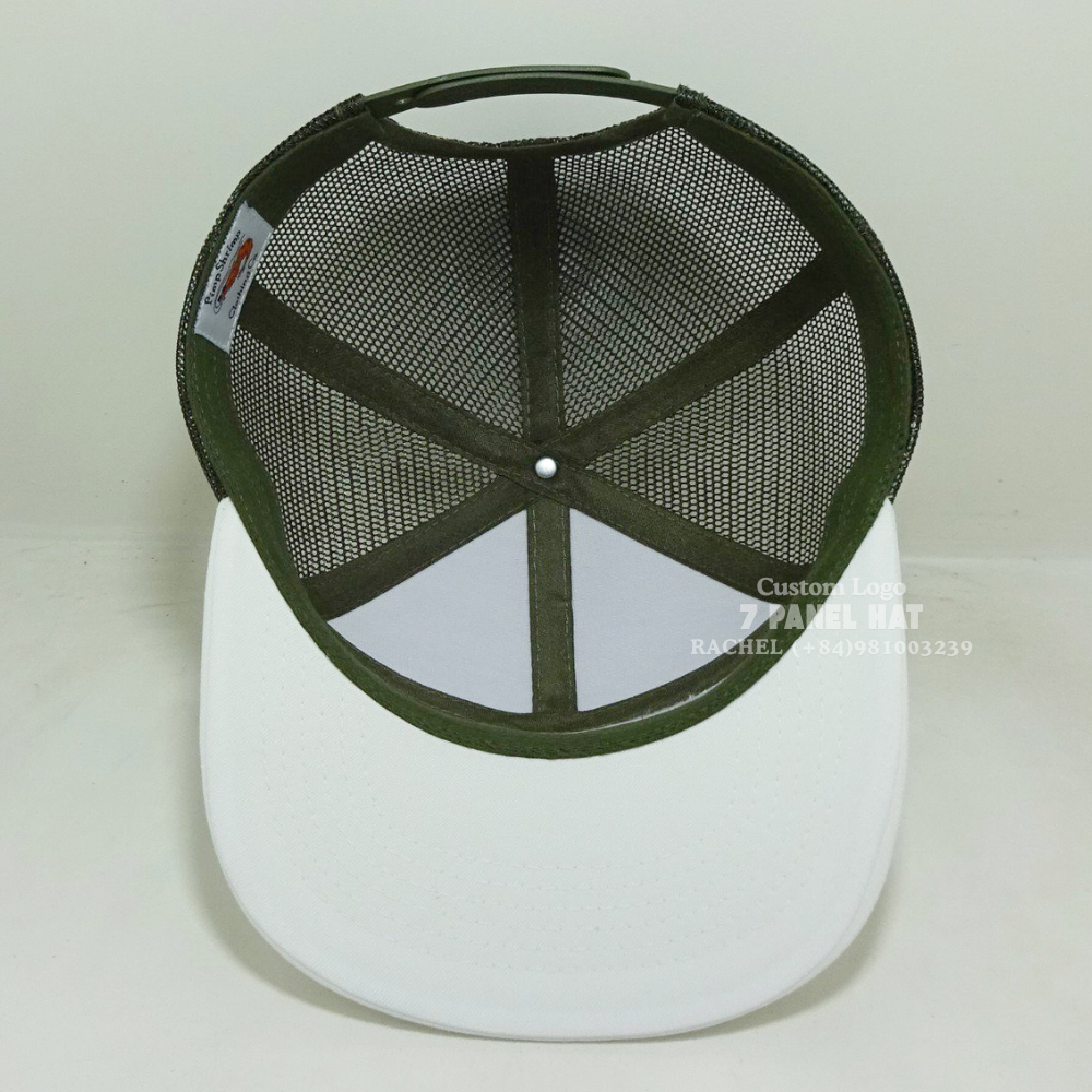 Best seller 7 Panel Trucker Hats Embroidered/Woven Patch Flat Brim White/Black Mesh Snapback Closure For Hiking Vietnam Headwear 6