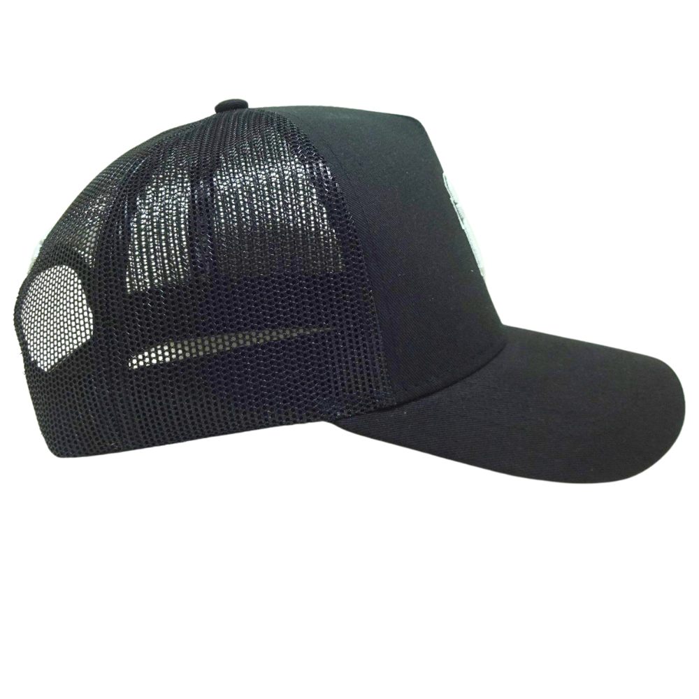 Black 5 Panel Structured Trucker Hat Custom 3D Embroidered Logo on Front and Back Curved Inner Printed Seam Tapes With Your Logo 4