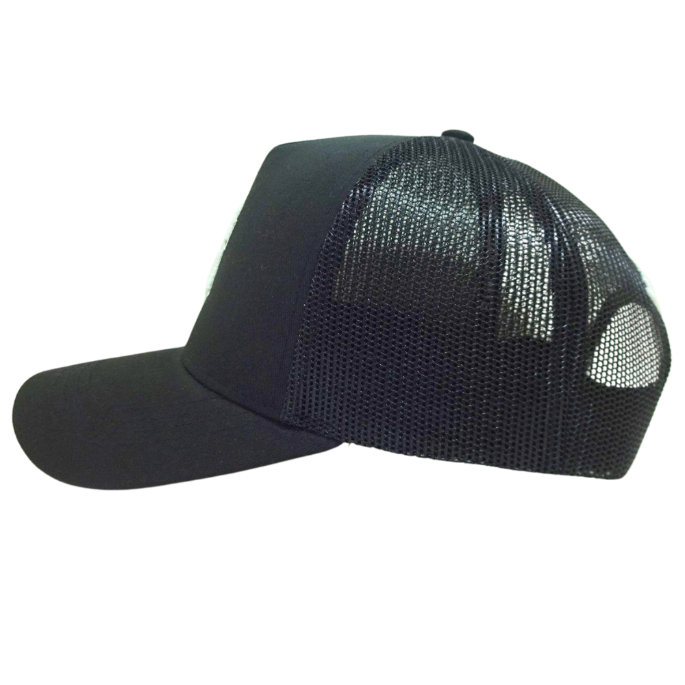Black 5 Panel Structured Trucker Hat Custom 3D Embroidered Logo on Front and Back Curved Inner Printed Seam Tapes With Your Logo 3