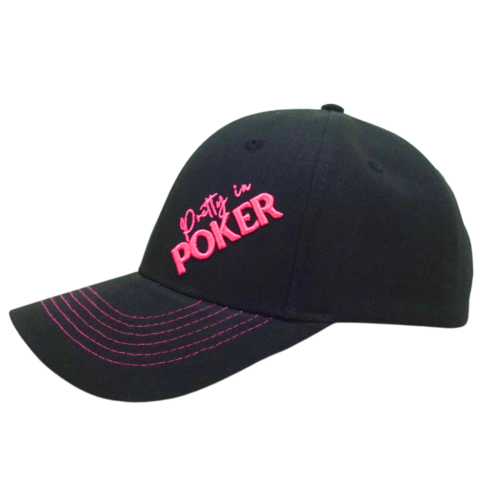 Black Baseball Cap 6 Panel Custom 2D Flat Pink Embroidery on Front Side Contrast Threads on Curved Brim Magic Tape Back Closure 3