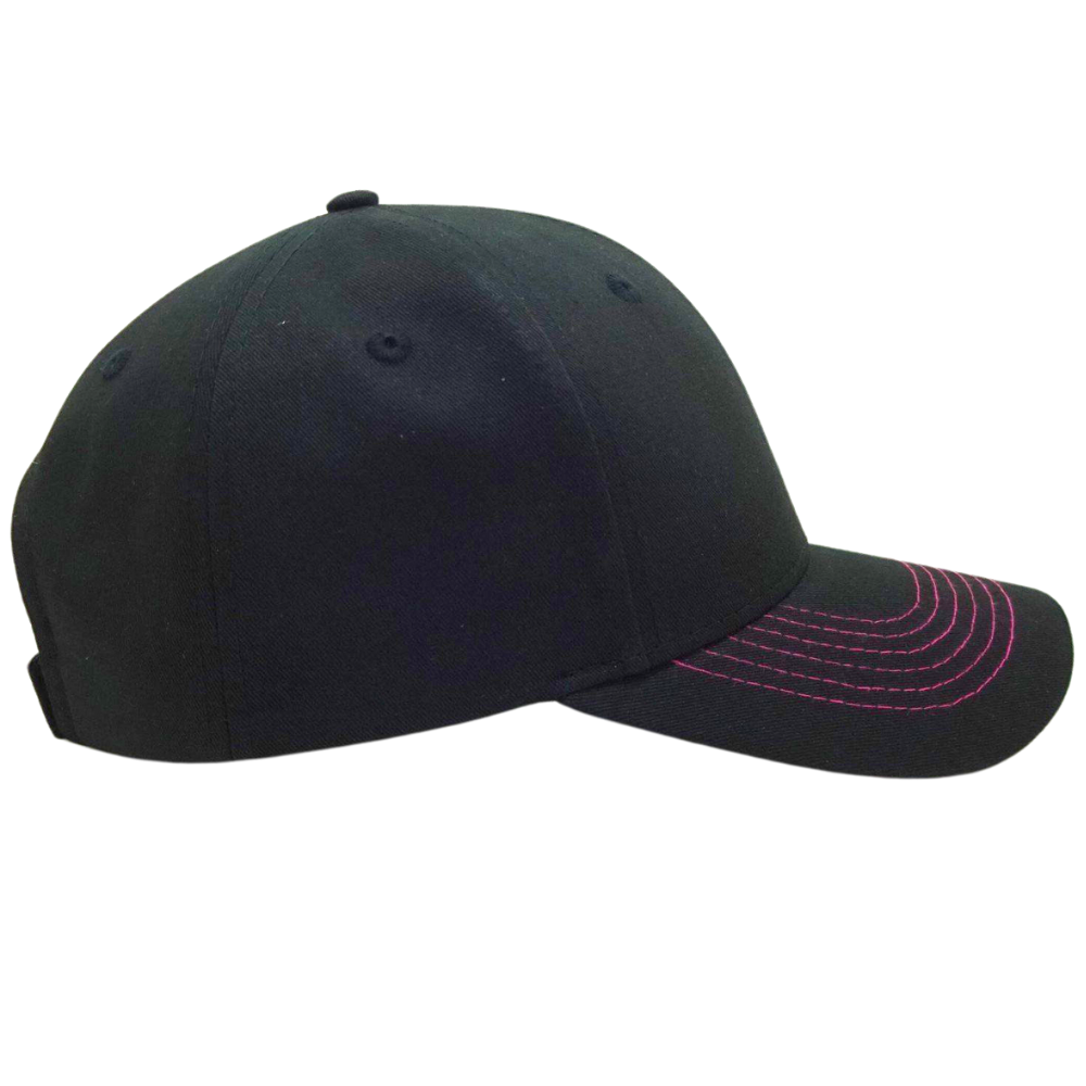Black Baseball Cap 6 Panel Custom 2D Flat Pink Embroidery on Front Side Contrast Threads on Curved Brim Magic Tape Back Closure 5
