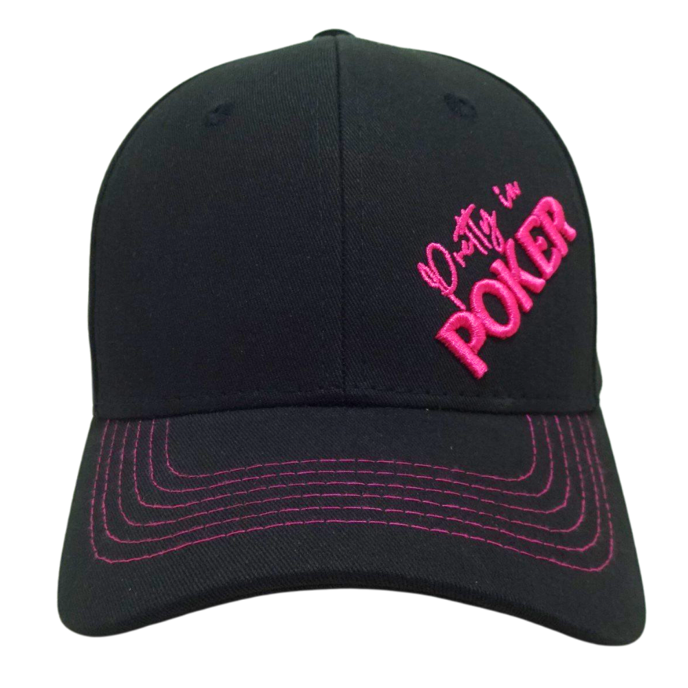 Black Baseball Cap 6 Panel Custom 2D Flat Pink Embroidery on Front Side Contrast Threads on Curved Brim Magic Tape Back Closure