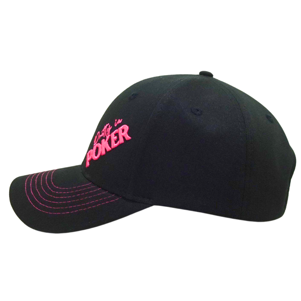 Black Baseball Cap 6 Panel Custom 2D Flat Pink Embroidery on Front Side Contrast Threads on Curved Brim Magic Tape Back Closure 4