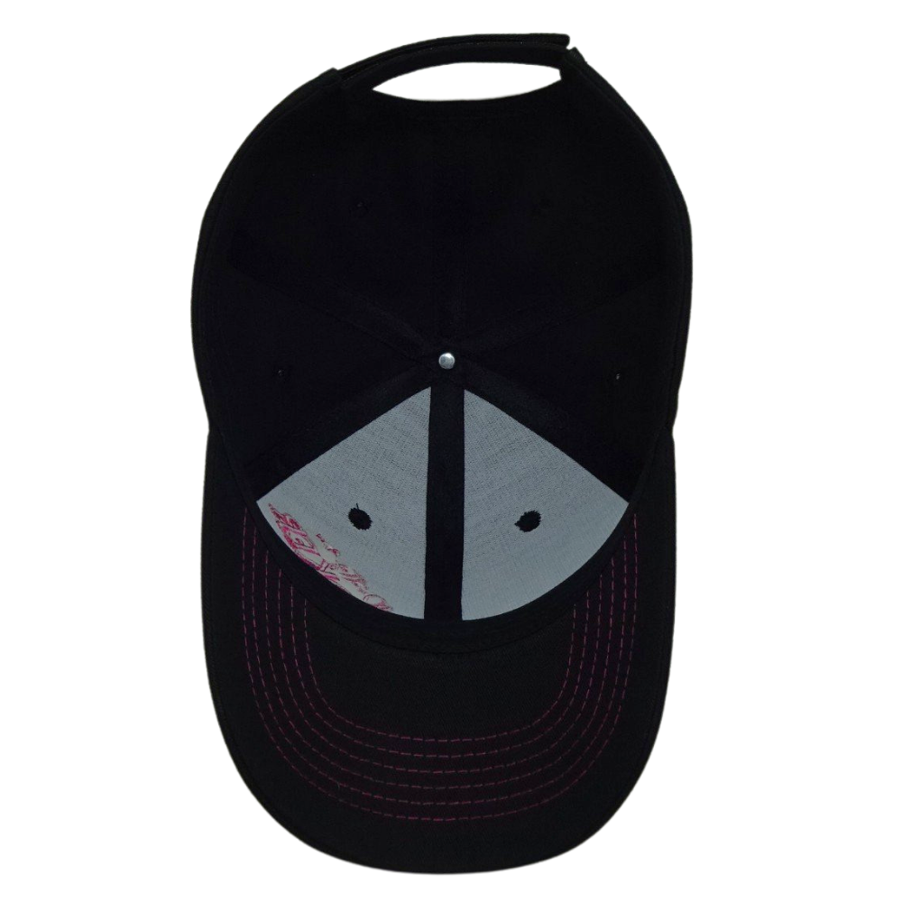 Black Baseball Cap 6 Panel Custom 2D Flat Pink Embroidery on Front Side Contrast Threads on Curved Brim Magic Tape Back Closure 6