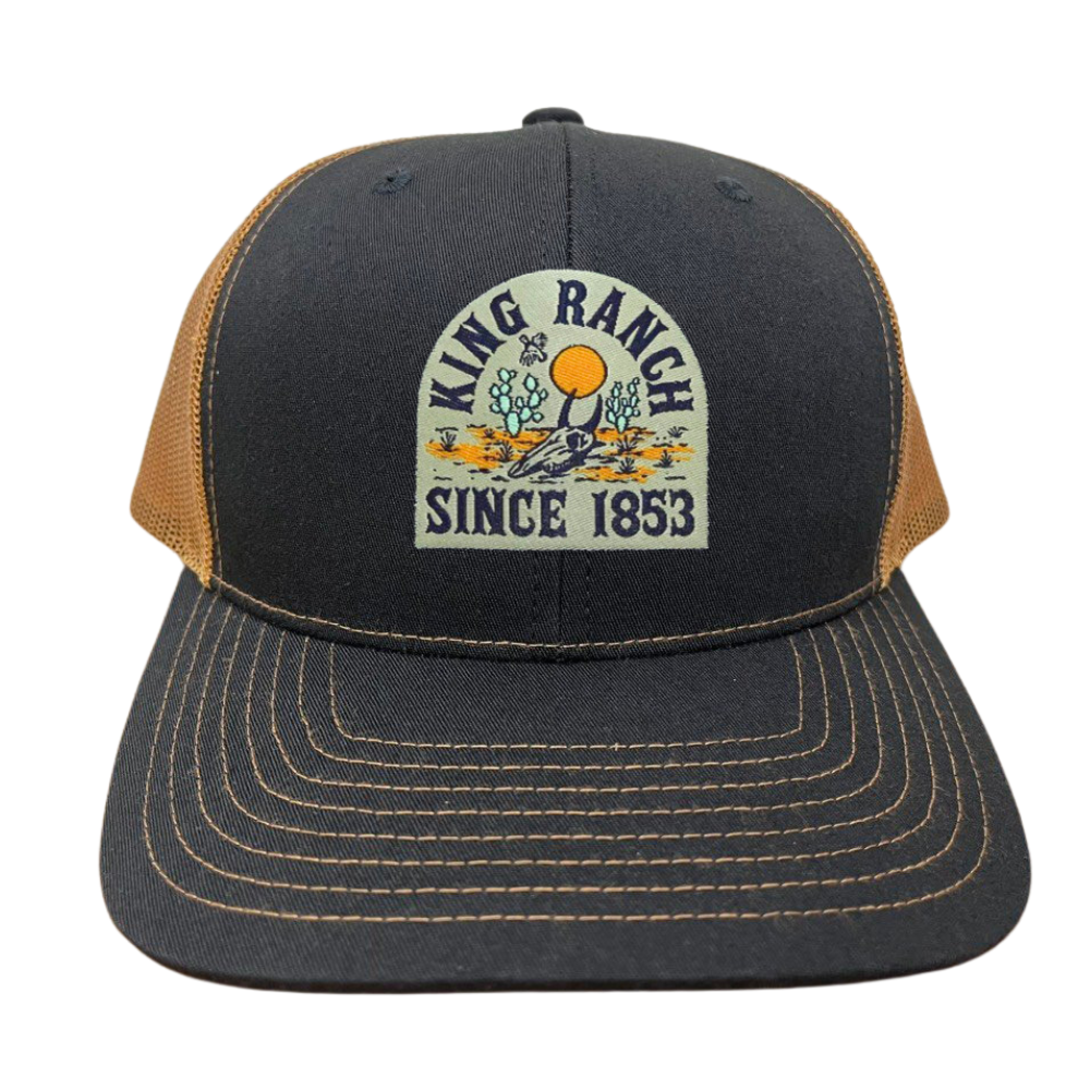 Black Camel 6 Panel Trucker Hats Contrast Stitching Line on Brim Woven Logo Patches Breathable Mesh Adjustable Single Row Buckle 2