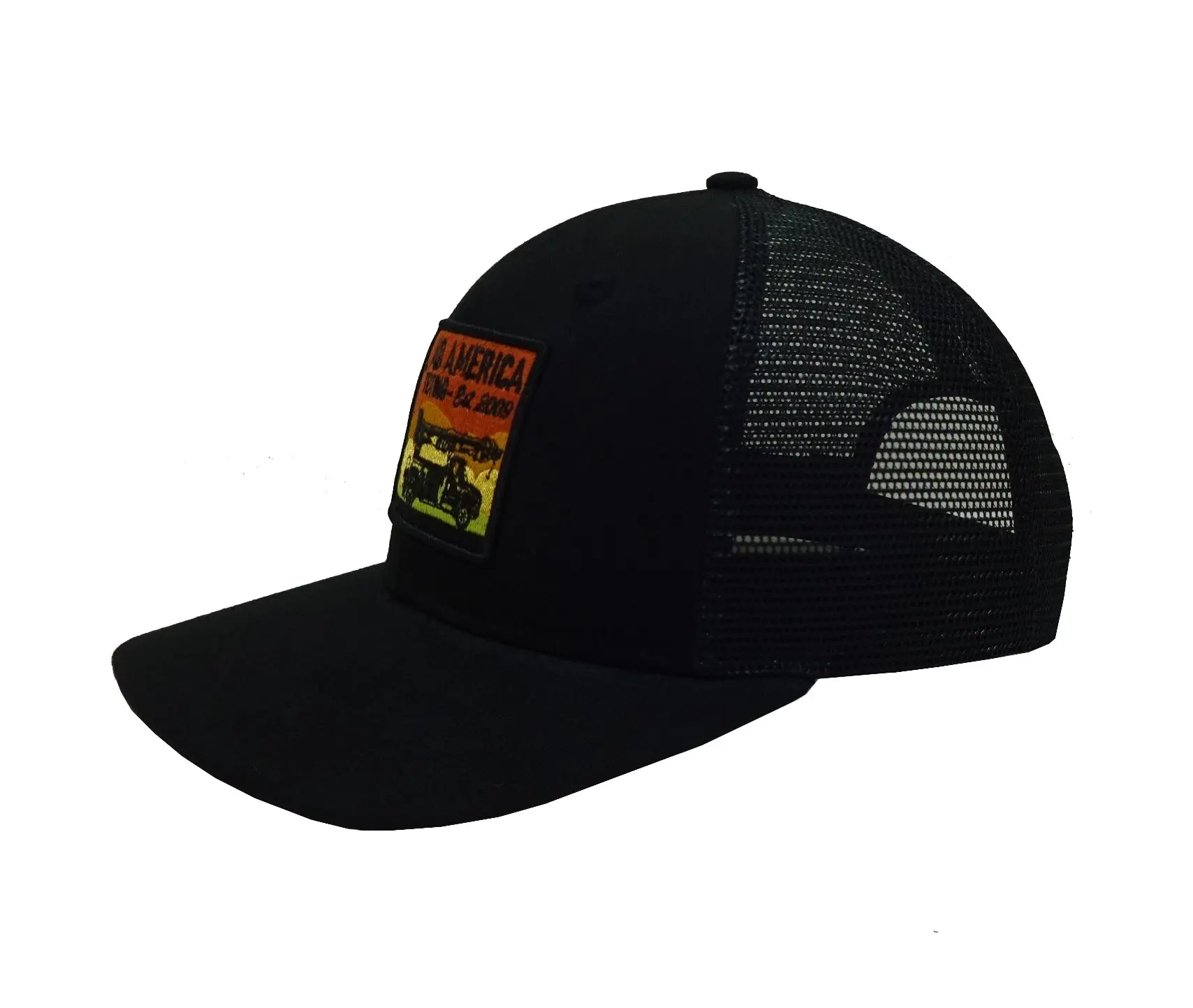 Black Color Woven Patch Logo 6-Panel Curved Brim High Quality Medium Profile Cotton and Mesh Fabric Trucker Hat for Man 2