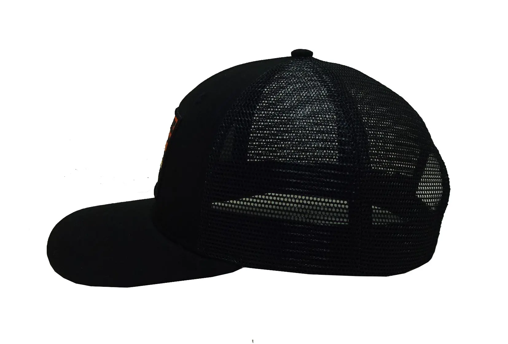 Black Color Woven Patch Logo 6-Panel Curved Brim High Quality Medium Profile Cotton and Mesh Fabric Trucker Hat for Man 4