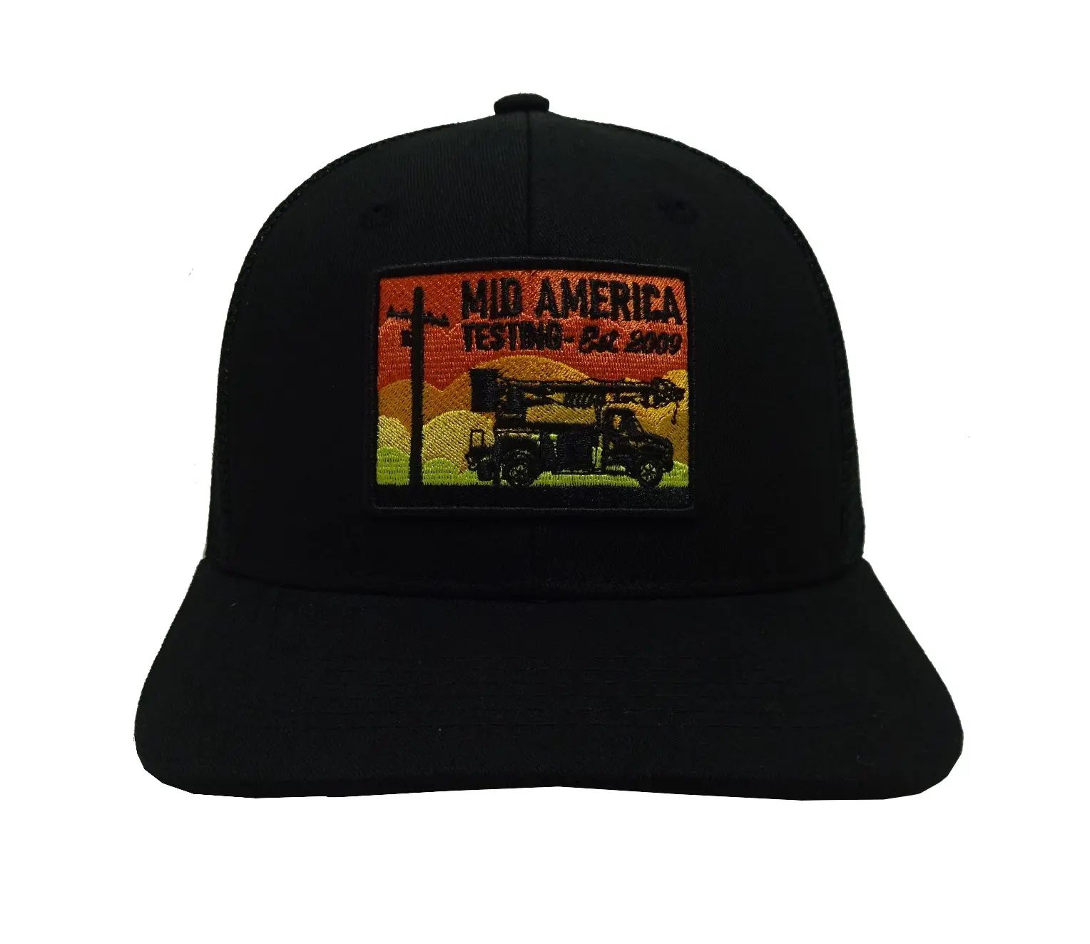 Black Color Woven Patch Logo 6-Panel Curved Brim High Quality Medium Profile Cotton and Mesh Fabric Trucker Hat for Man 1