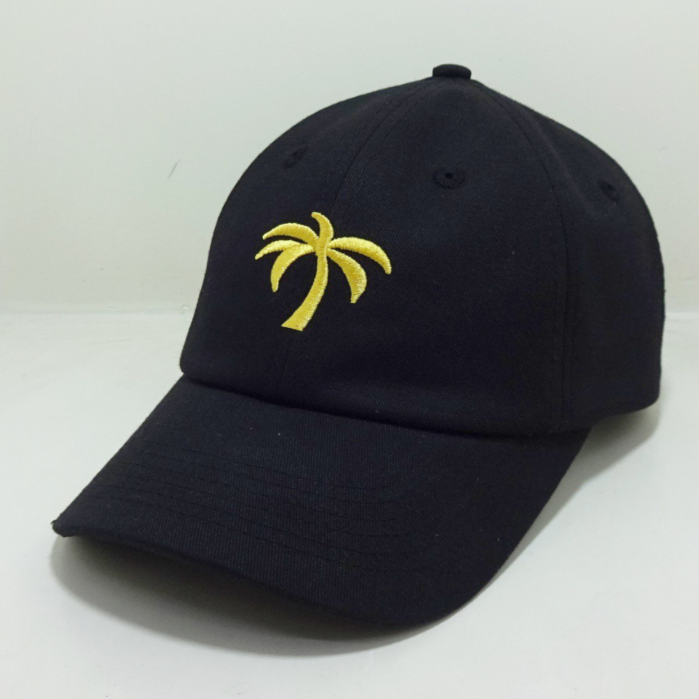 Black Embroidered Baseball Caps 6 Panel Unstructured Curved Brim Coconut Tree Tropical Styles For Brand Promotions Wholesale OEM