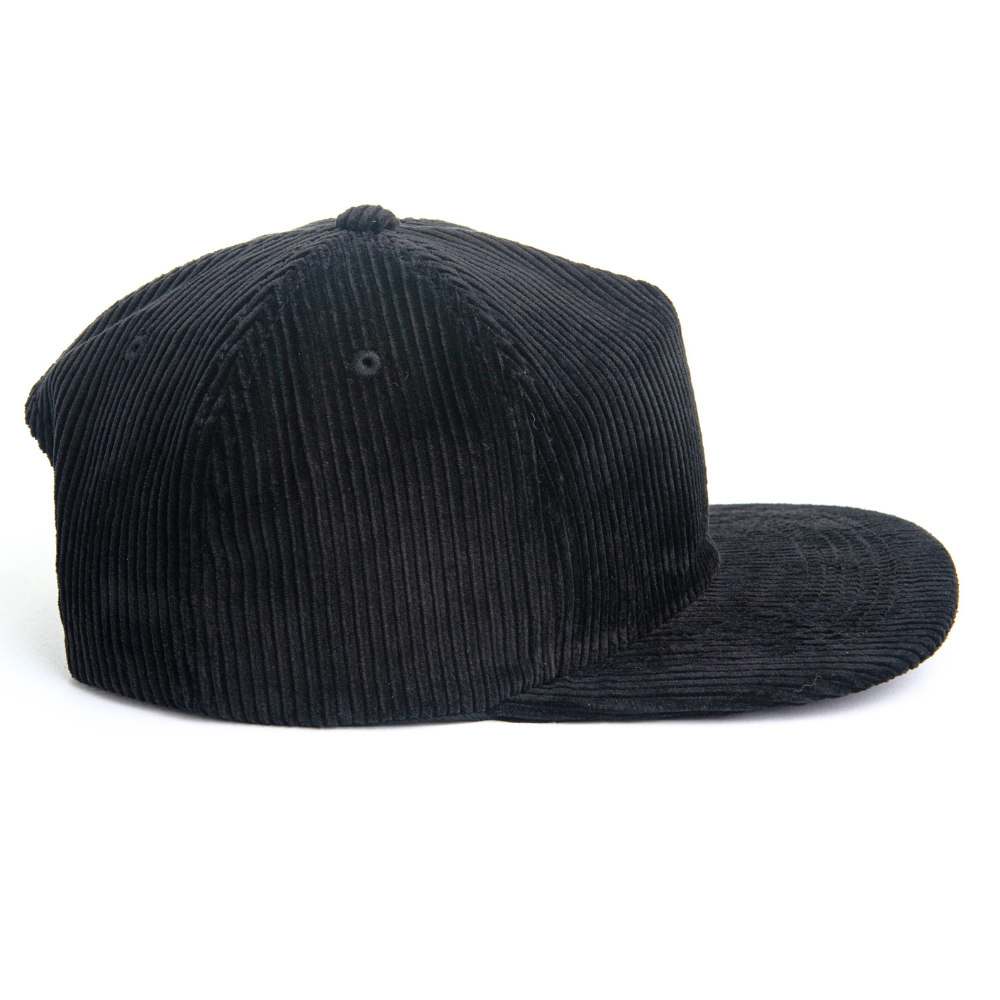 Black Embroidered Corduroy Snapback 5 Panel High Profile Structured Caps Plastic Single Row Snapback Closure Vintage Styles OEM 5