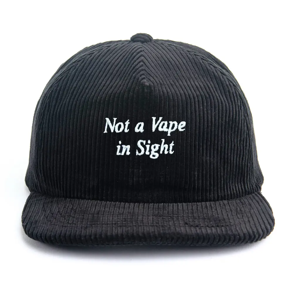 Black Embroidered Corduroy Snapback 5 Panel High Profile Structured Caps Plastic Single Row Snapback Closure Vintage Styles OEM 3