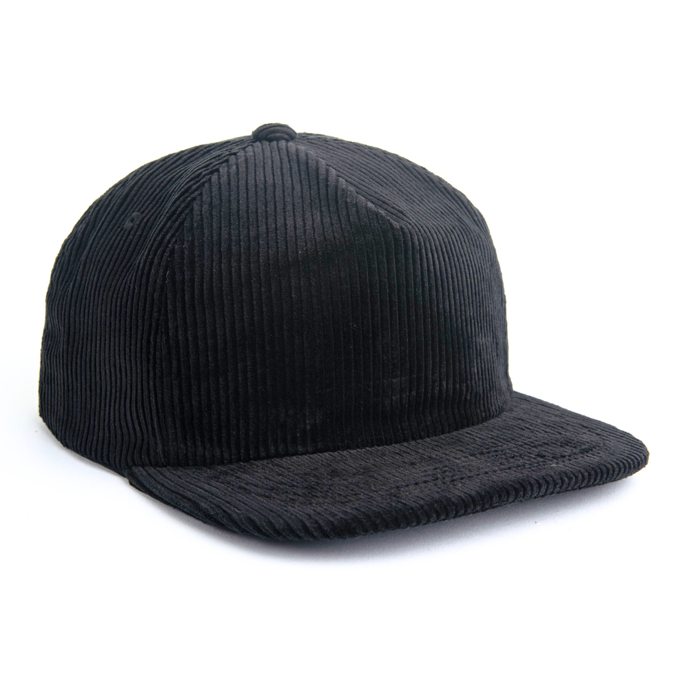 Black Embroidered Corduroy Snapback 5 Panel High Profile Structured Caps Plastic Single Row Snapback Closure Vintage Styles OEM 4
