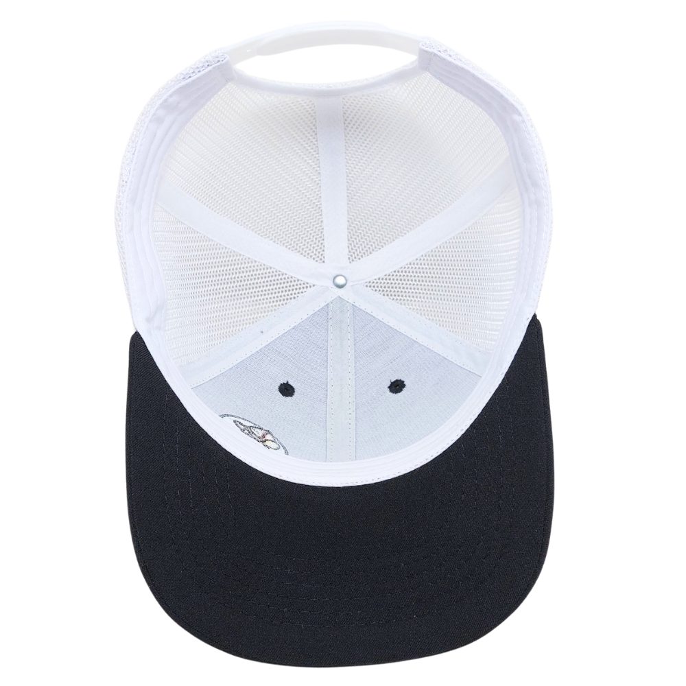 Black Embroidered Trucker Hat 6 Panel Cartoon Pattern Structured Cap White Mesh Plastic Single Breasted Buckle High Quality OEM 6
