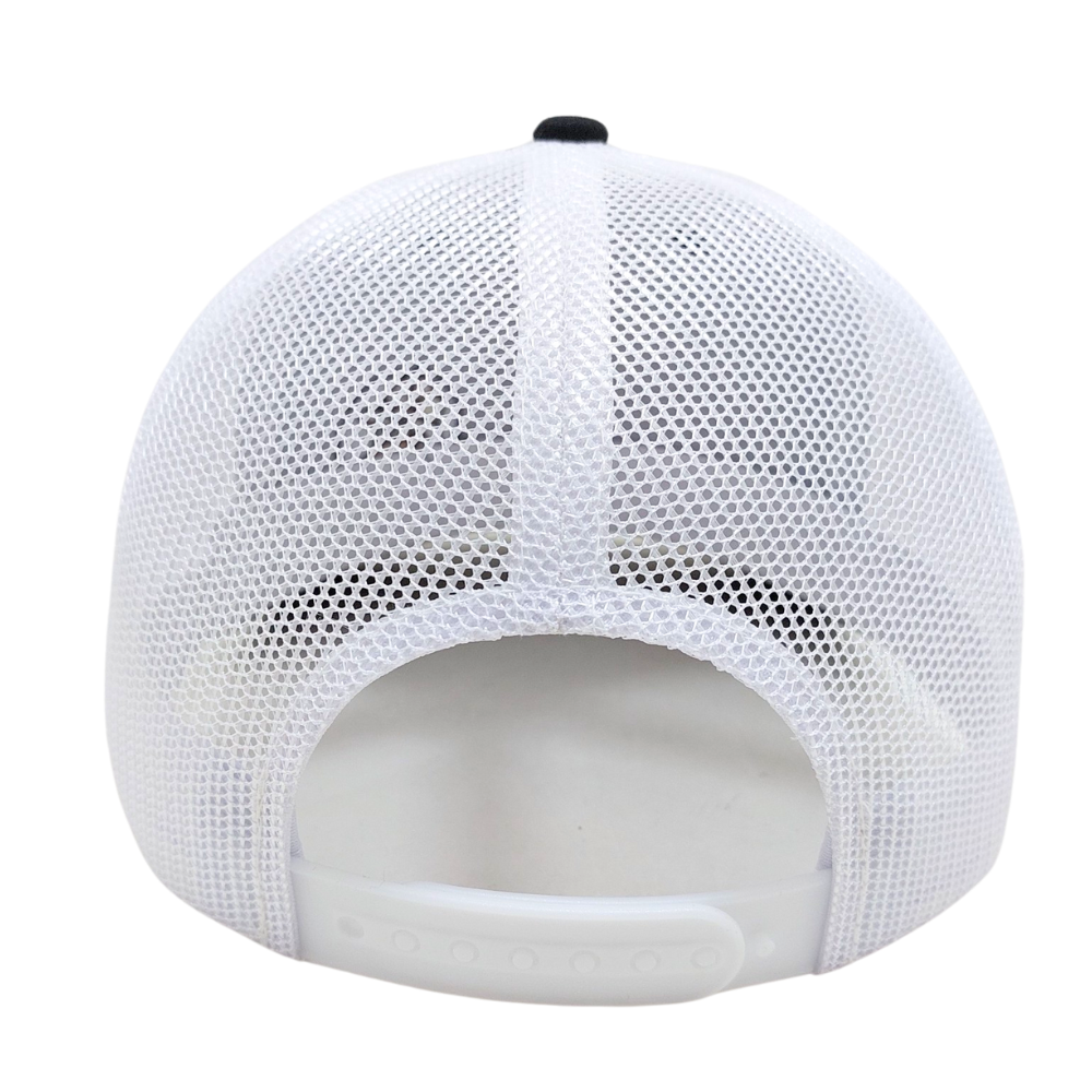 Black Embroidered Trucker Hat 6 Panel Cartoon Pattern Structured Cap White Mesh Plastic Single Breasted Buckle High Quality OEM 7