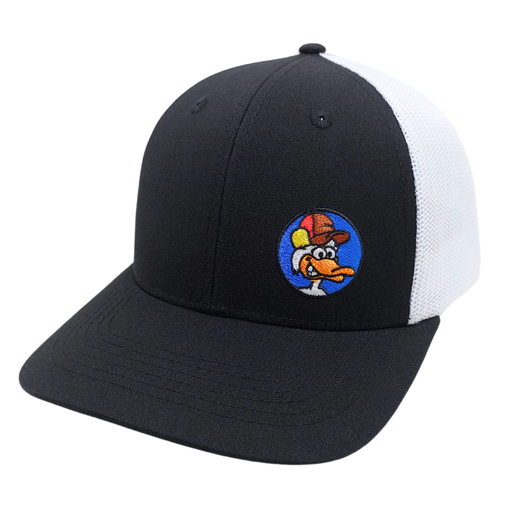 Black Embroidered Trucker Hat 6 Panel Cartoon Pattern Structured Cap White Mesh Plastic Single Breasted Buckle High Quality OEM 3