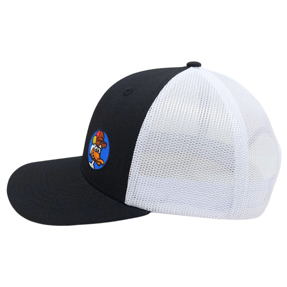 Black Embroidered Trucker Hat 6 Panel Cartoon Pattern Structured Cap White Mesh Plastic Single Breasted Buckle High Quality OEM 4