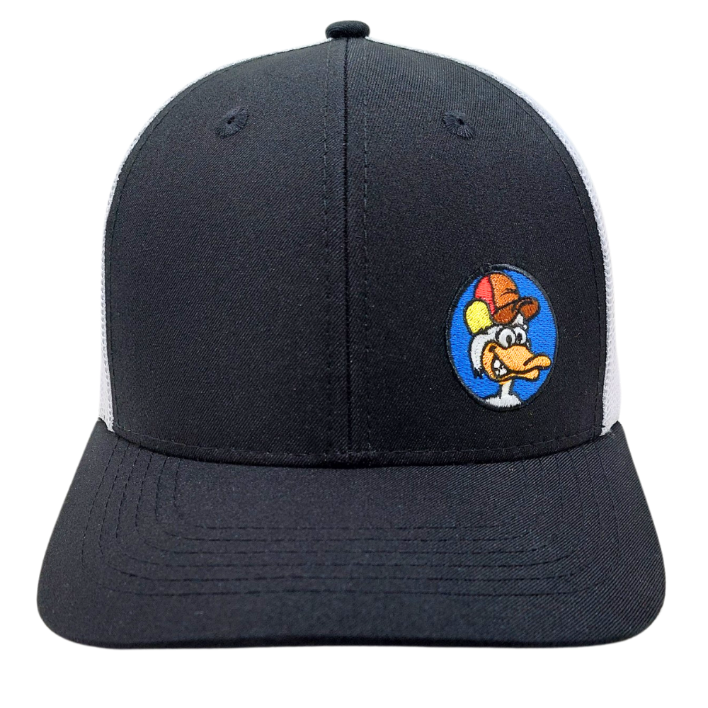 Black Embroidered Trucker Hat 6 Panel Cartoon Pattern Structured Cap White Mesh Plastic Single Breasted Buckle High Quality OEM 2