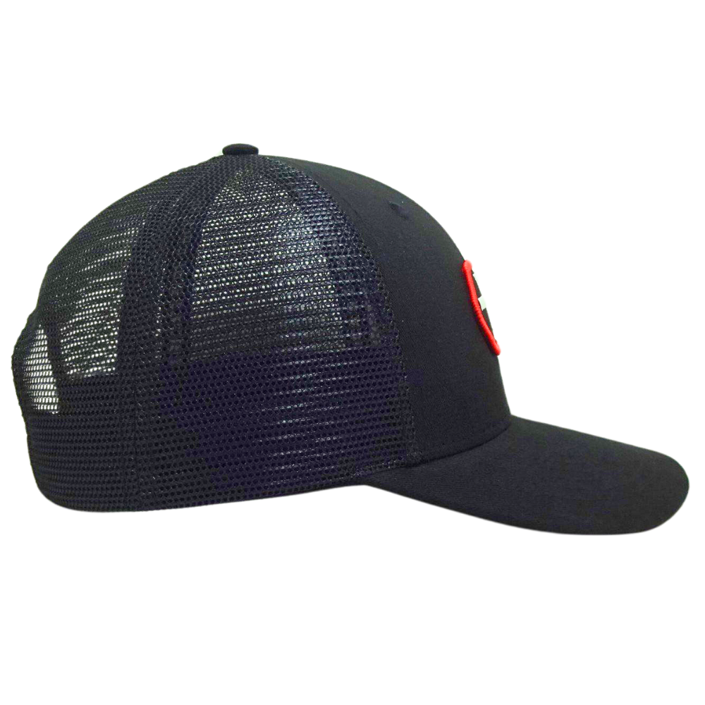 Black Trucker 6 Panel Woven Patch Merrow Structured Crown Printed Seam Tapes Slight Curved Brim Custom Label Inside and Outside 5